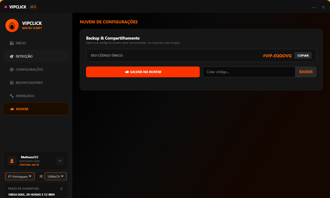 Tela de sincronização e backup do VipClick